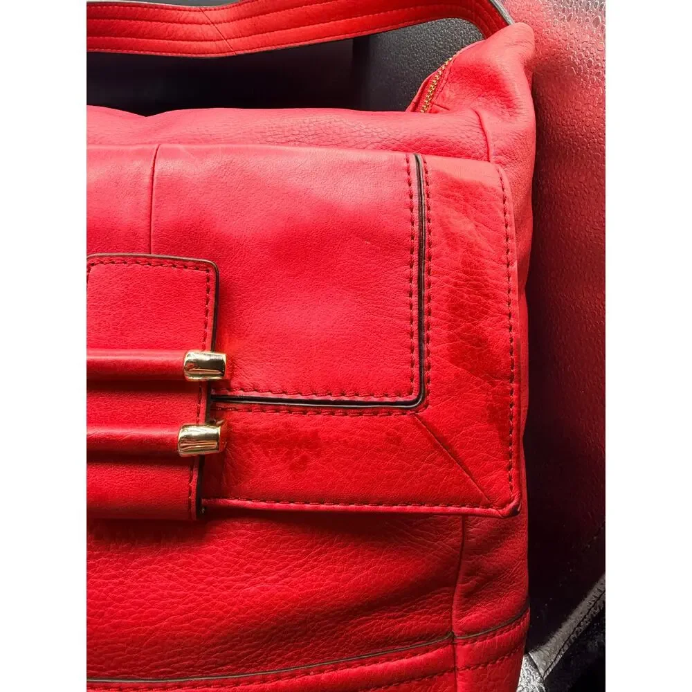 B Makowsky Red Pebbled Leather Hobo Shoulder Bag Gold Hardware